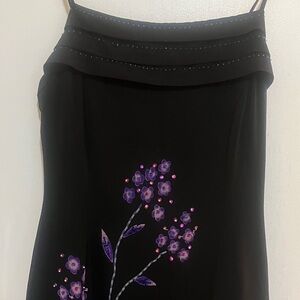 Chic Black Midi Dress with Purple Beaded Floral Accents